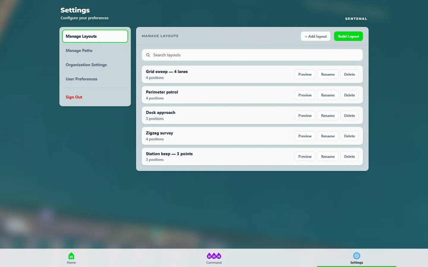 The Settings screen: saved layouts and routes
