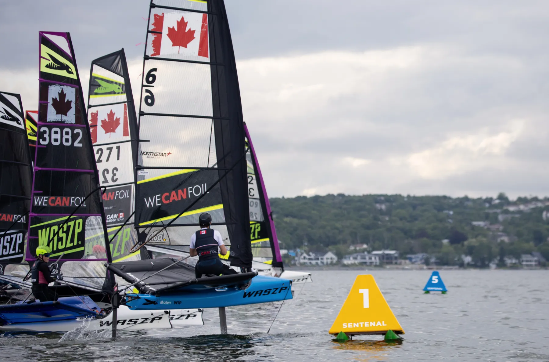 Four foiling dinghies stacked up at a yellow Sentenal